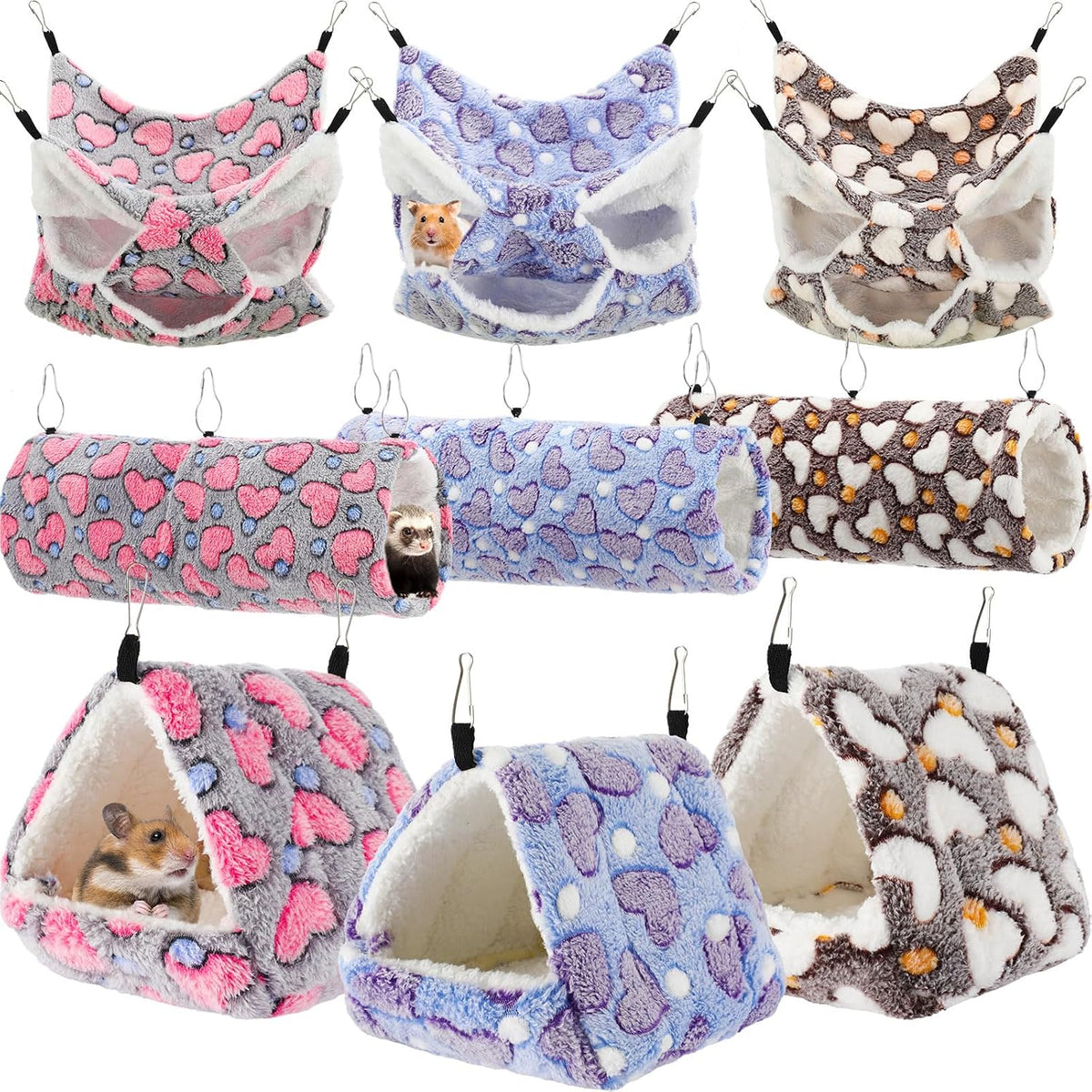 Abbylike 9 Pieces Rat Hammock 3 Tier Guinea Pig Ferret Hammocks Small - Purple, Brown, Gray / Heart