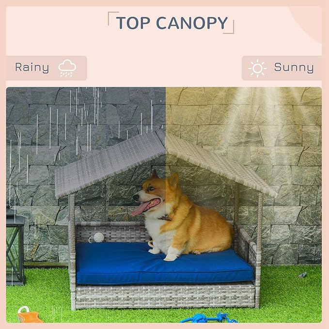 PawHut Wicker Dog House Outdoor with Canopy, Rattan Dog Bed with Water-Resistant Cushion, Raised Dog Bed for Small, Medium Dogs up to 66 lbs, 19.75" in Length, Gradient Gray Wicker, Dark Blue Cushion