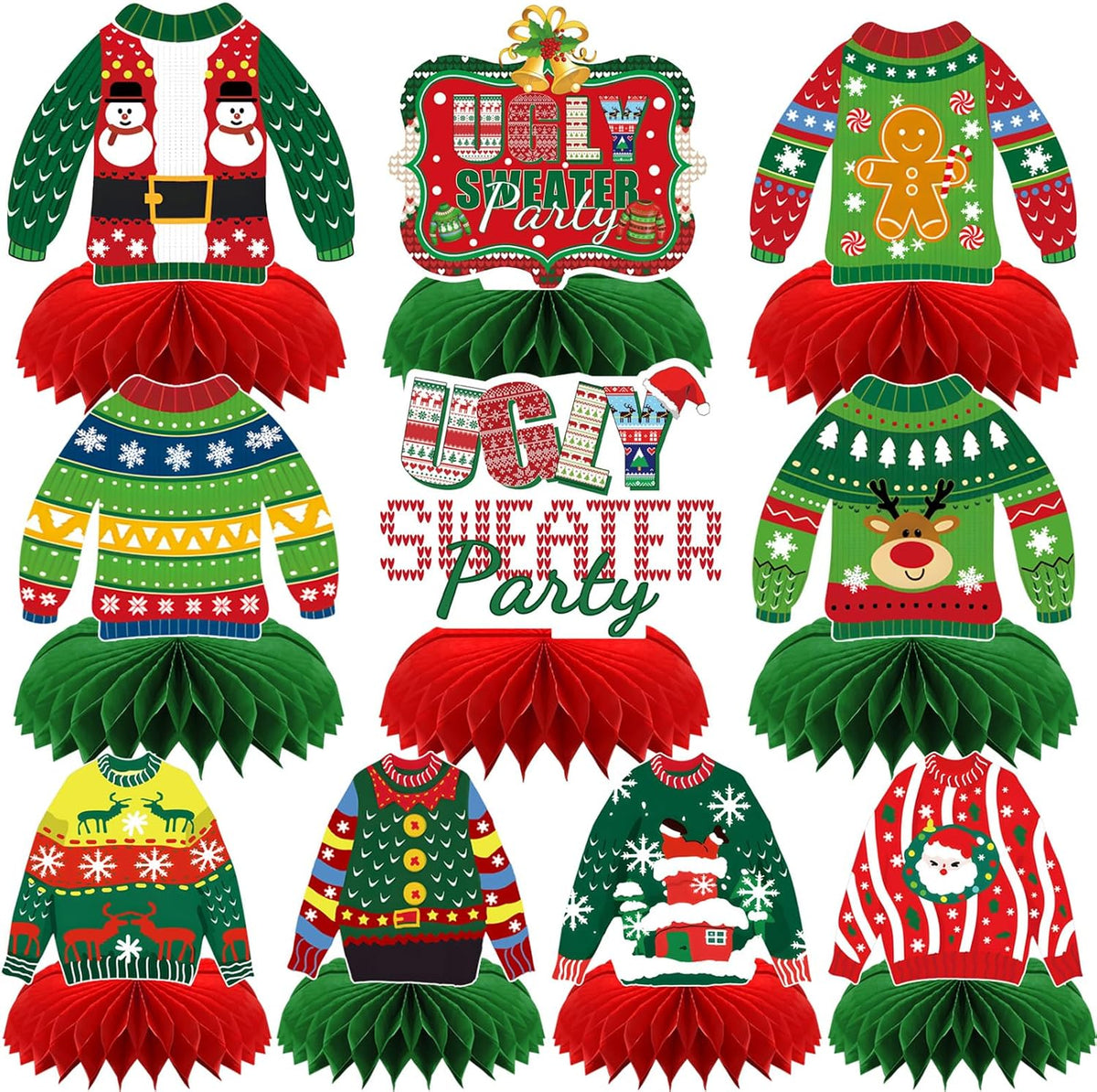 10 Pcs 80s Party Decorations, 1980s Table Honeycomb Centerpieces – Fun for Kids & Family - Ugly Sweater Style