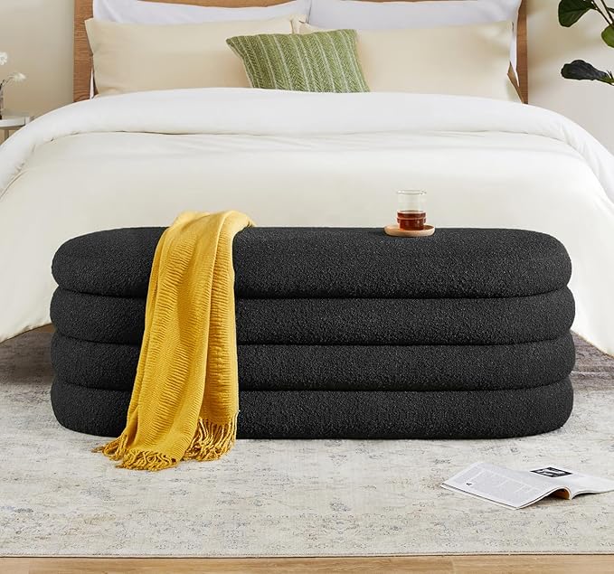Storage Ottoman Bench 49.2 Inch Upholstered Fabric Storage Bench for Bedroom End of Bed Aesthetic Large Oval Ottoman for Living Room Entryway (Black)