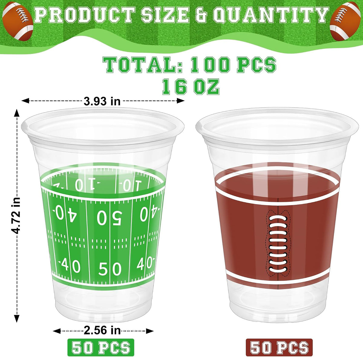 Heartome clear 16 oz football party cups with green field graphics in 2 designs - view 3