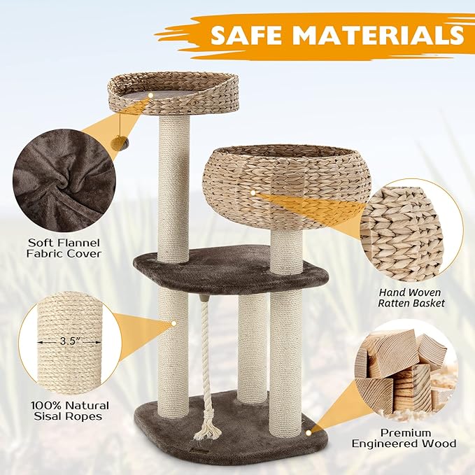 Tangkula Modern Cat Tree for Indoor Cats, Small/Tall Cat Tower with Natural Sisal Scratching Post, Hand-Made Wicker Cat Condo & Top Perch, Funny Hanging Toy Ball, Cute Cat Tree Tower for Large Cats