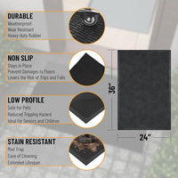 Indoor/Outdoor Hose-Wash Ribbed Design Non-Slip Rubber 2x3 Modern Entryway Mat for Entryway, Patio, Backyard, Garage, 24" x 36", Black Ribbed