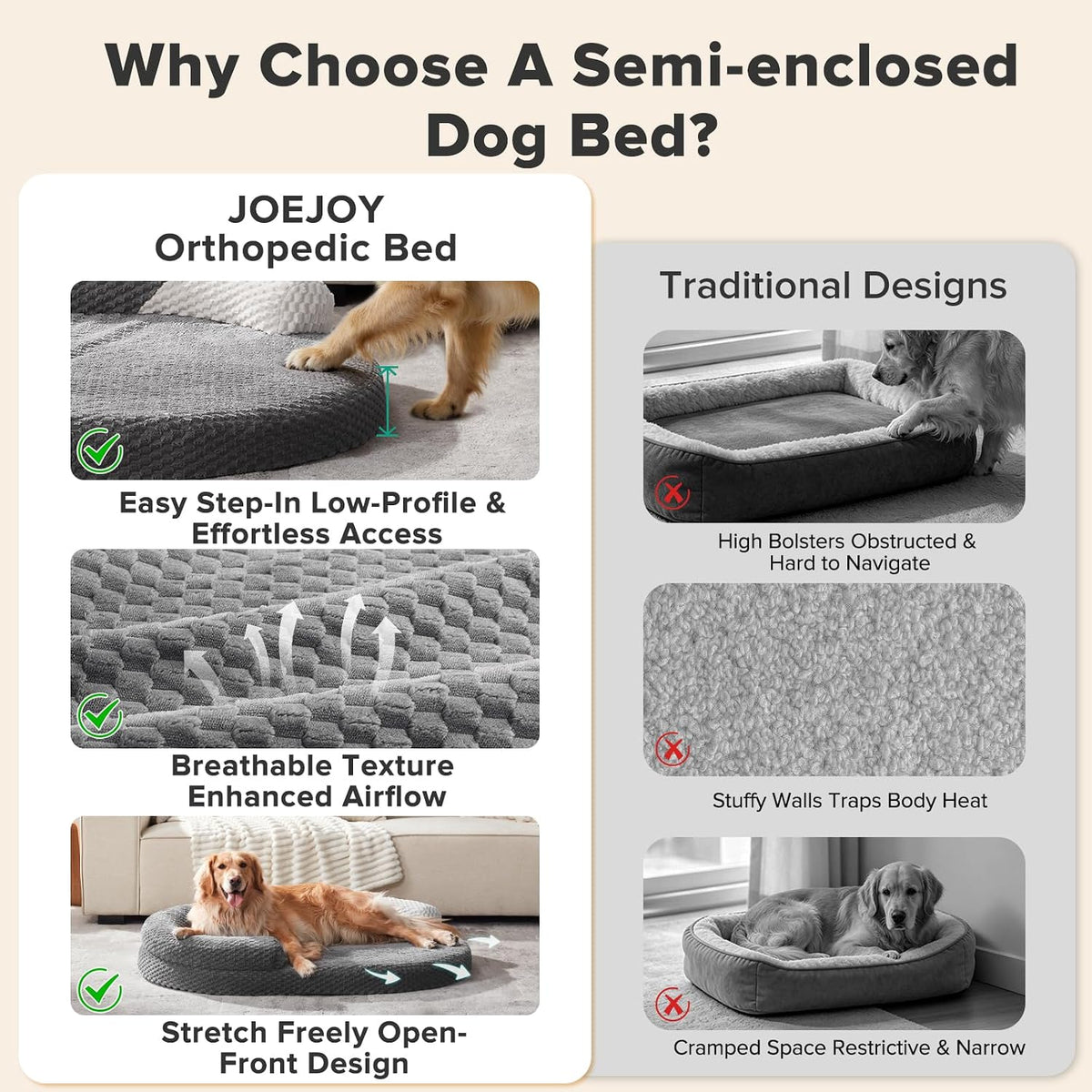 JOEJOY XL Orthopedic Dog Beds Large Sized Dog - Dark grey / XXL(48"x 35"x 7.5") - image 2