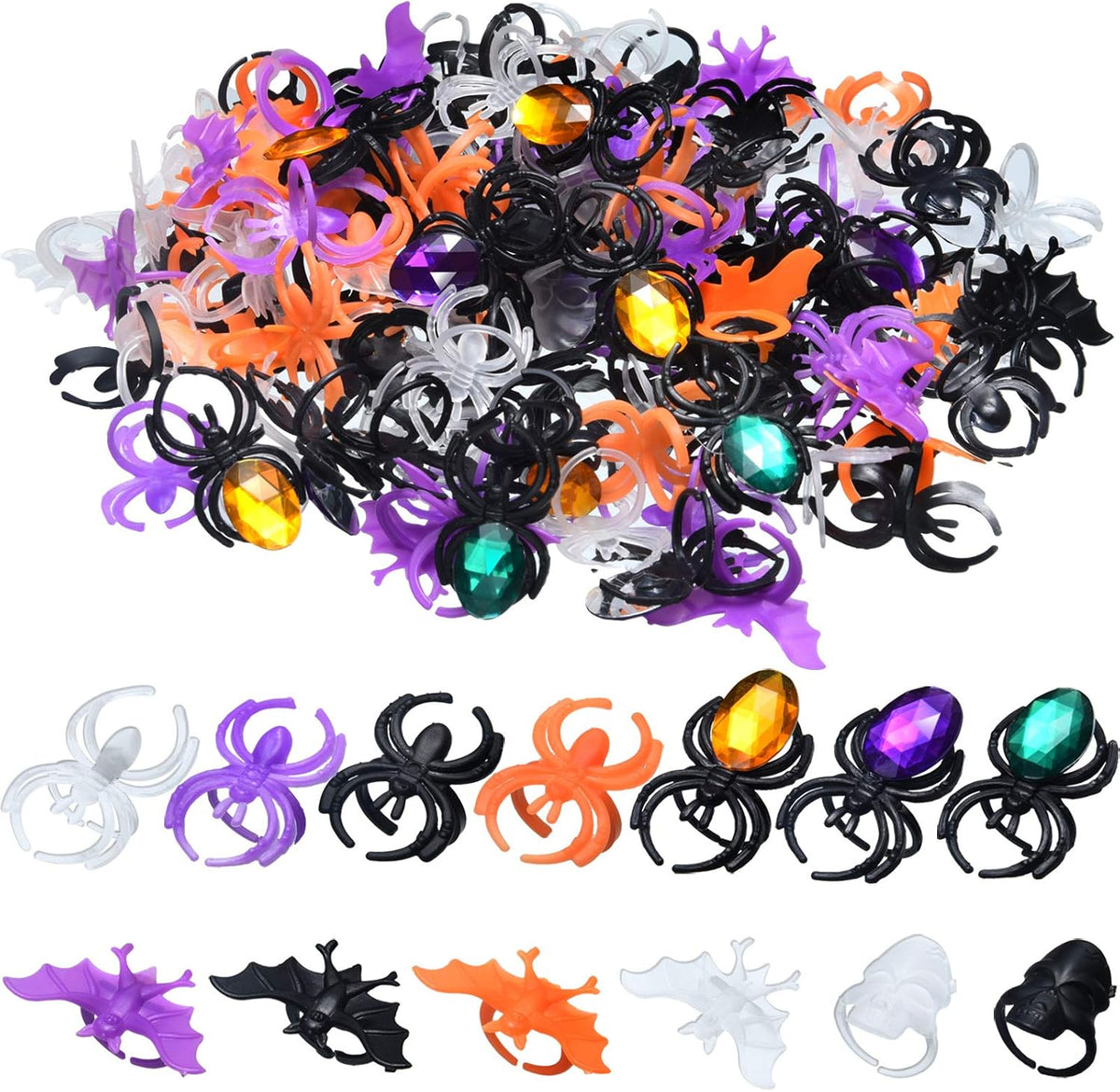 Boao 150-pack Halloween spider, skull and bat plastic party favor rings