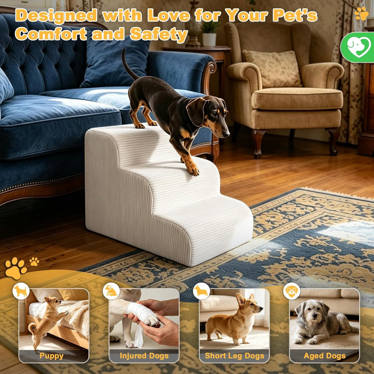 Dog Stairs for Bed & Couch, 18" H 4-Step Pet Ramp for Small Dogs - Beige / 3 / Standard 15" Height - image 4