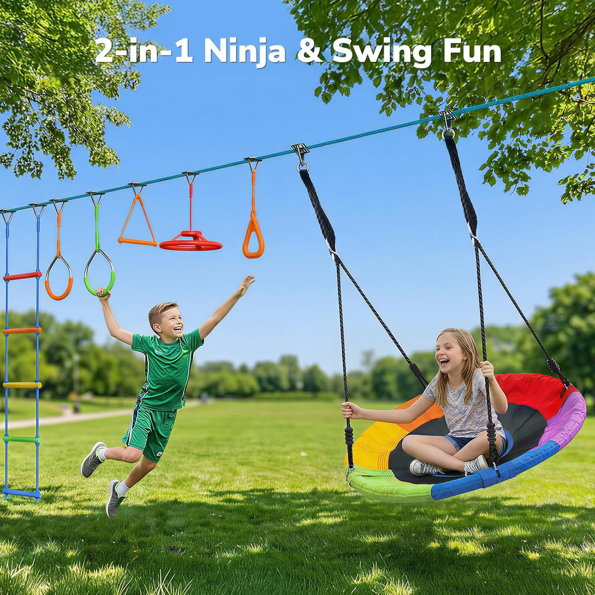Hapfan 50 ft Ninja Warrior Obstacle Course Swing Set for Kids Outside – Fun for Kids & Family - 50 FT / Multicolor - image 2