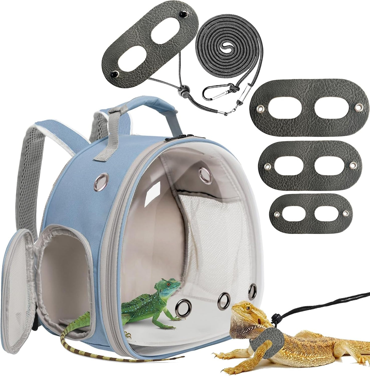 Bearded Dragon Travel Backpack with Harness and Leash Set - Blue / Backpack+LSH Grey