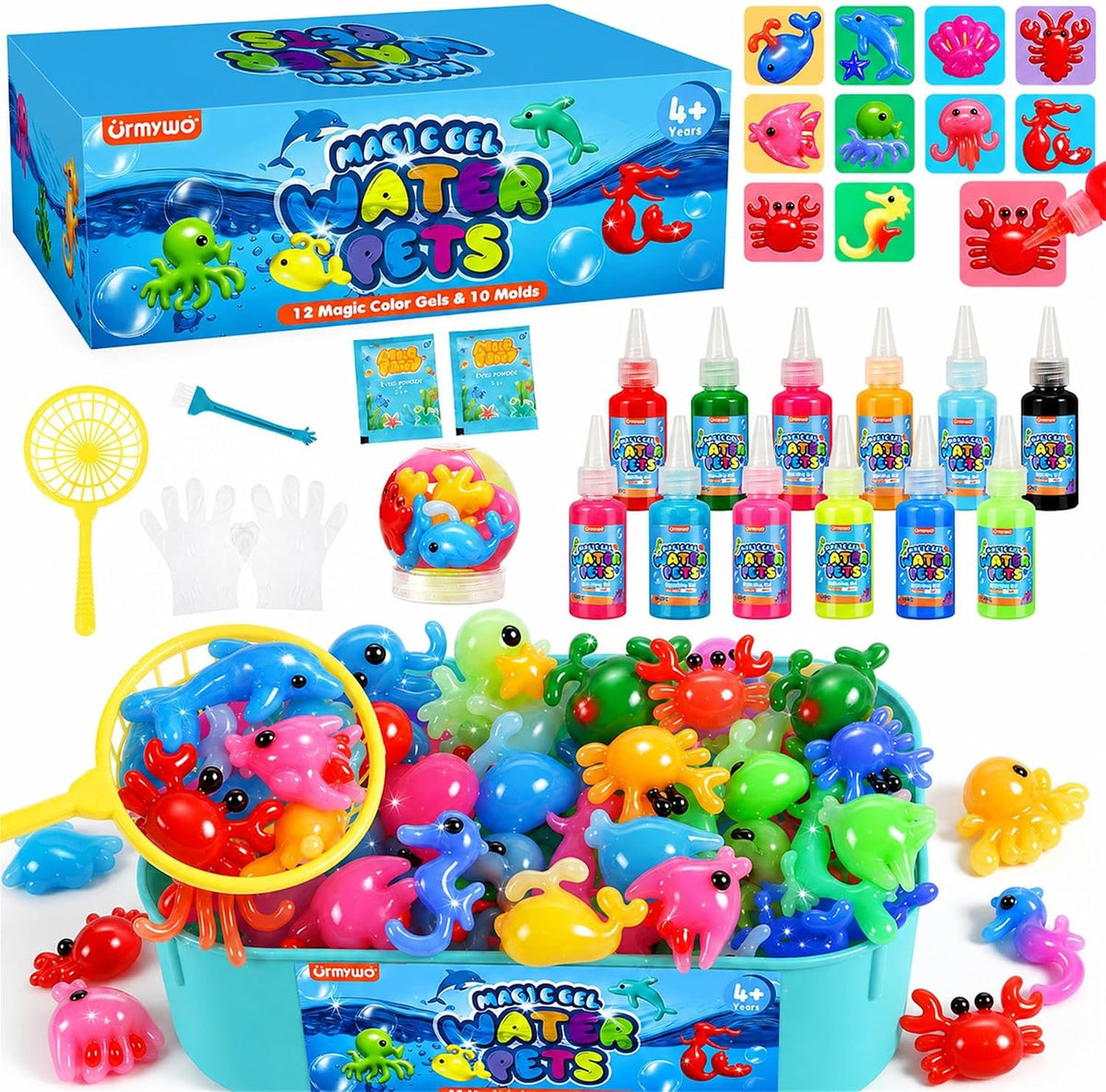 Magic Water Elf Toy Kit, Squishy Maker Set - 12 Color Gels + 10 Molds | Sea Animals