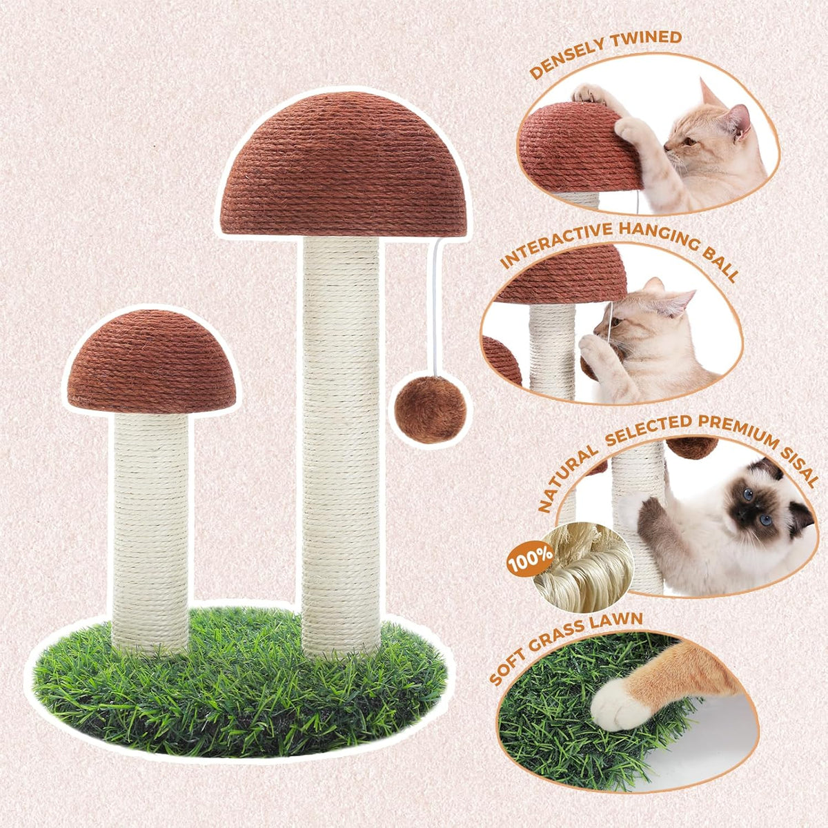 PETEPELA Mushroom Cat Scratching Post for Kittens & Small Cats - Mushroom Brown / 18.9" - image 3
