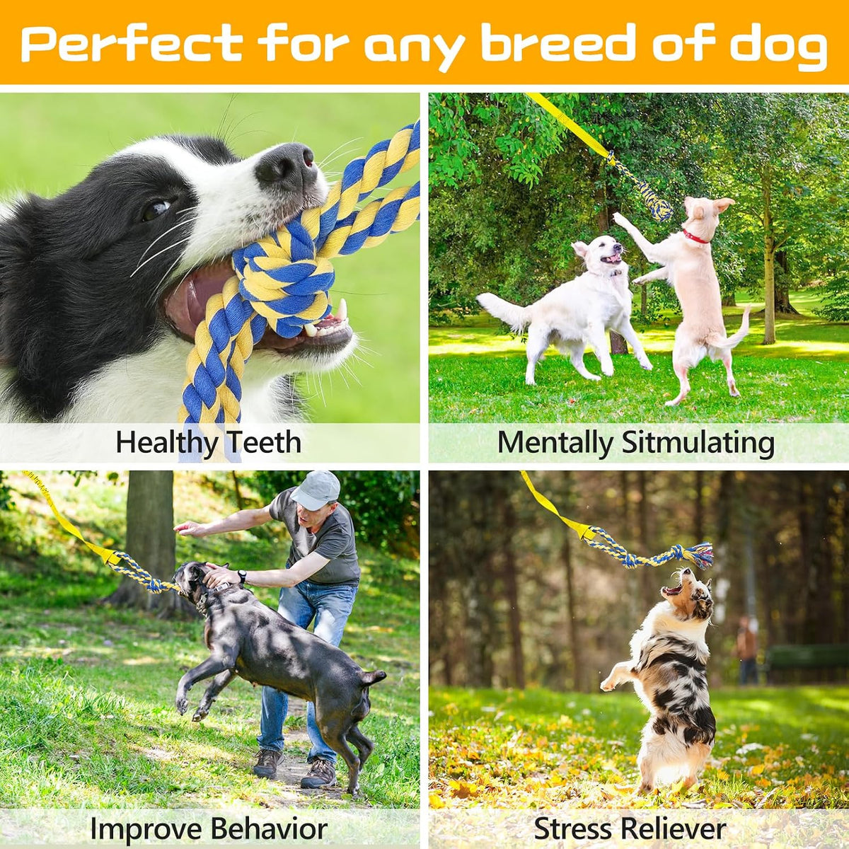 XiaZ Tug of War Dog Toy, Interactive Dogs Toy Bungee Hanging Tether with 2 Chew Rope Toys, Heavy - Yellow - image 3