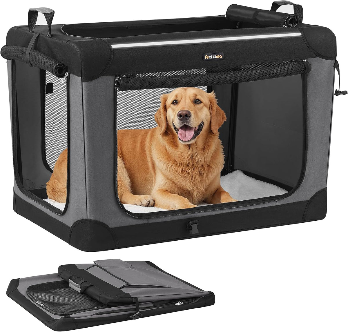 Feandrea collapsible soft-sided dog crate, 36 inch, with four mesh doors and Sherpa fleece pad