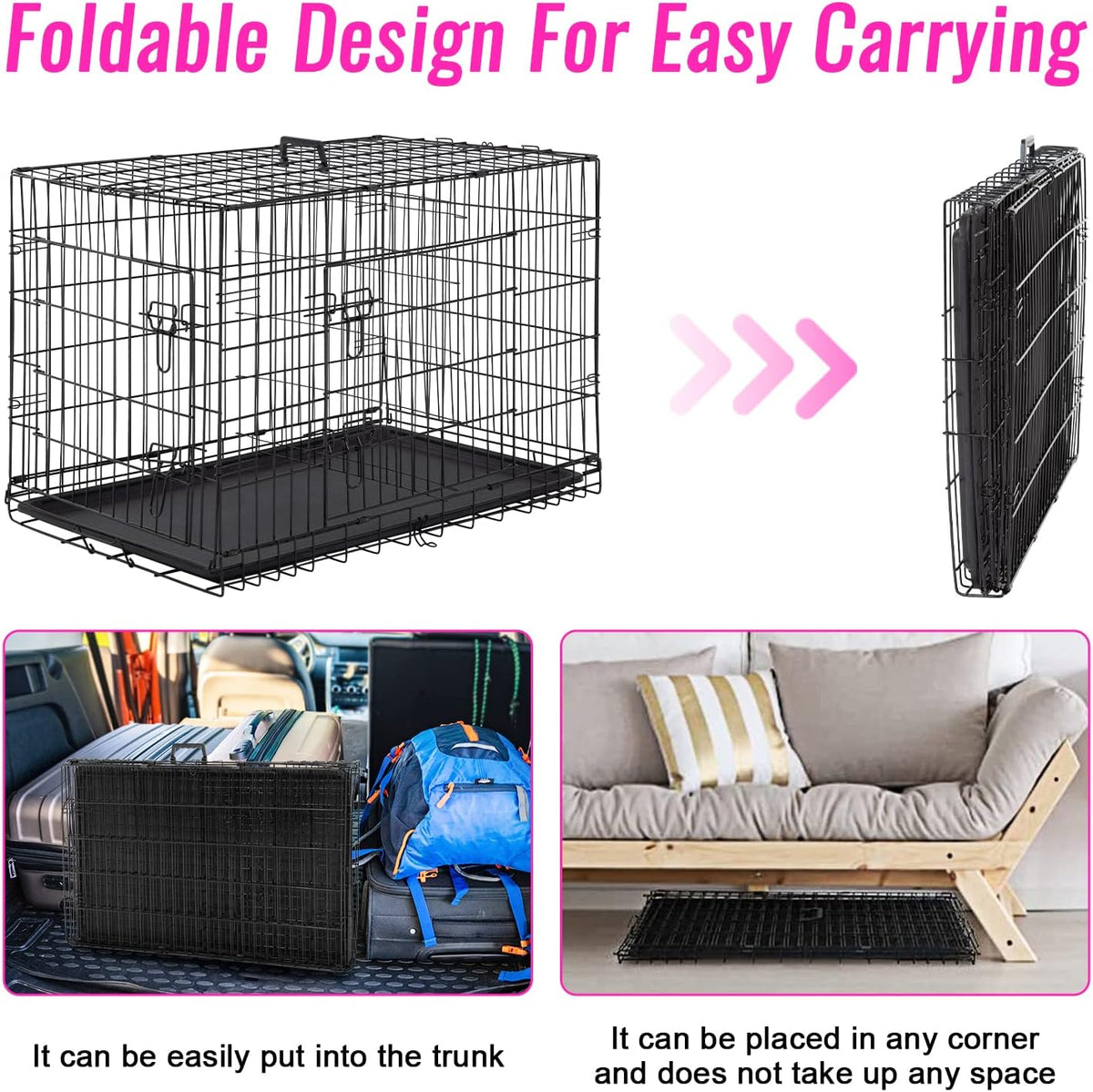 FDW, 48" Foldable Metal Dog Crate, Cage for XL Dogs - Black / 48 Inch Double Door - image 4
