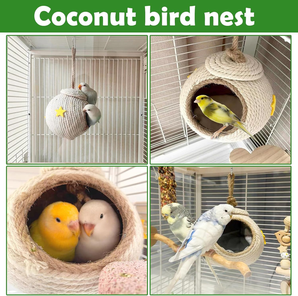 Natural Coconut Hide with Ladder Perches Hanging Bird House Toy - 1pc Coconut Shell with White Rope on the Surface - image 2