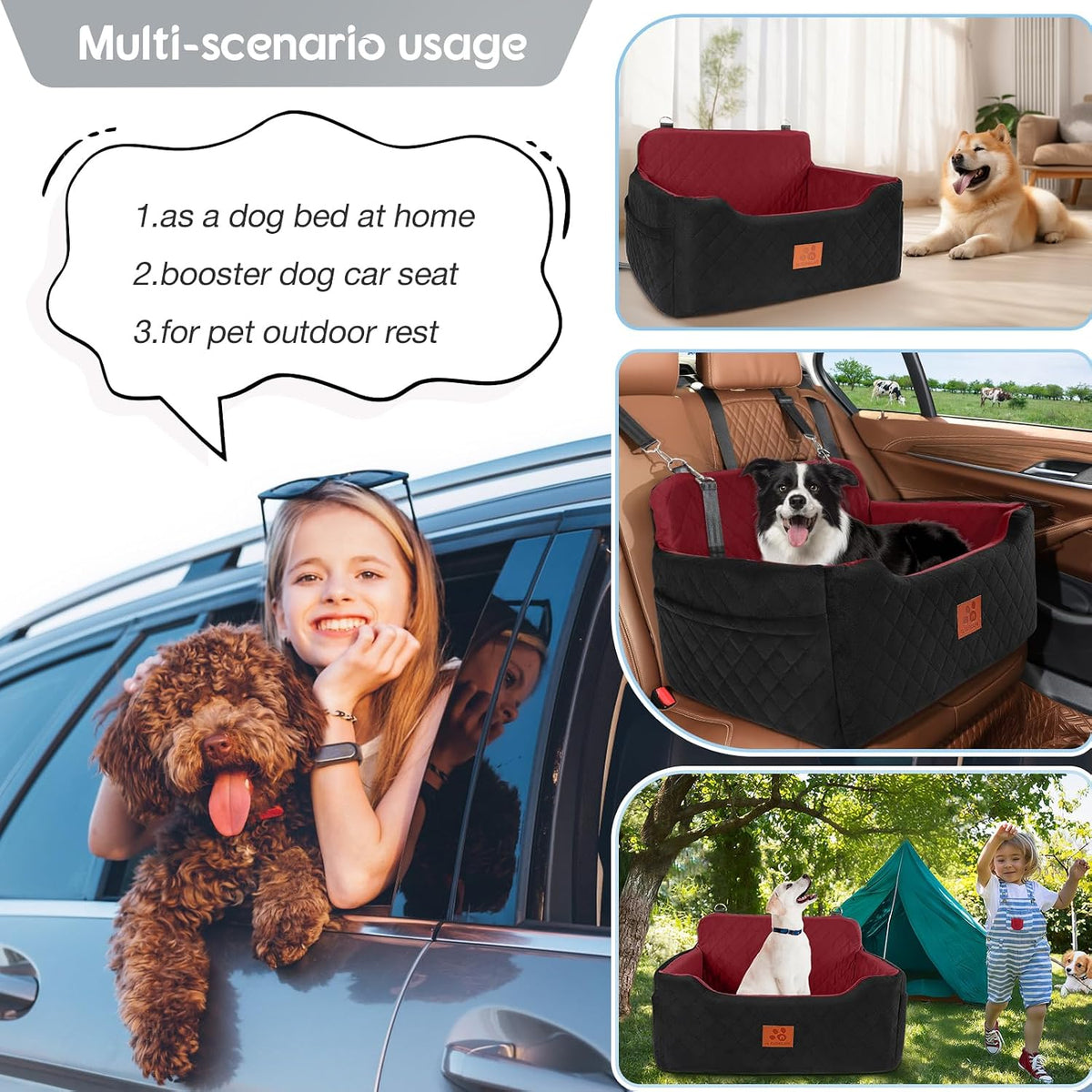 Dog Car Seat for Medium/Large Dog Under 50 lbs or 2 Small Dogs – Essentials for Dogs - Black/Red - image 4