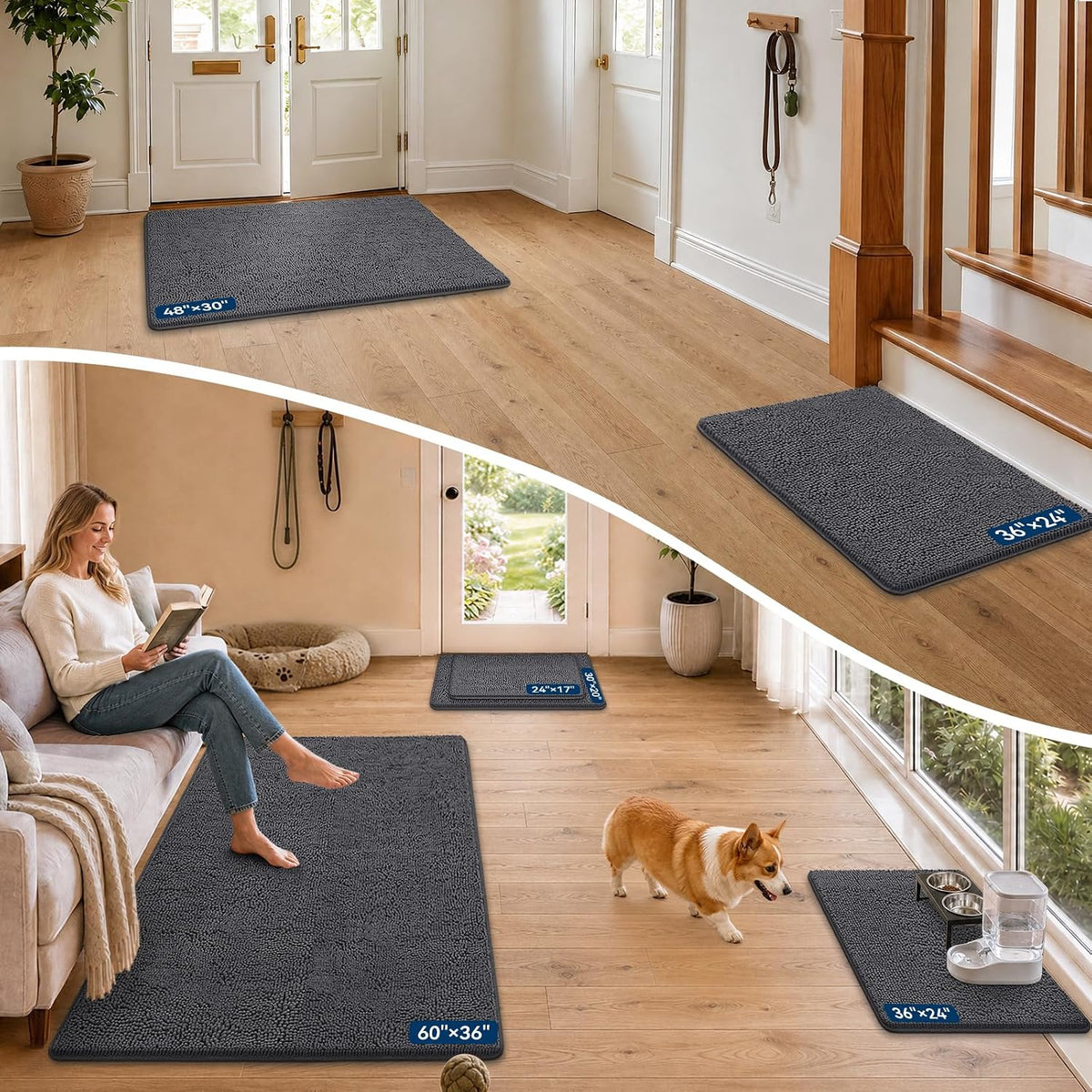 Absorbent high-pile chenille dog mat with textured TPR backing for door, crate or feeding station - view 2