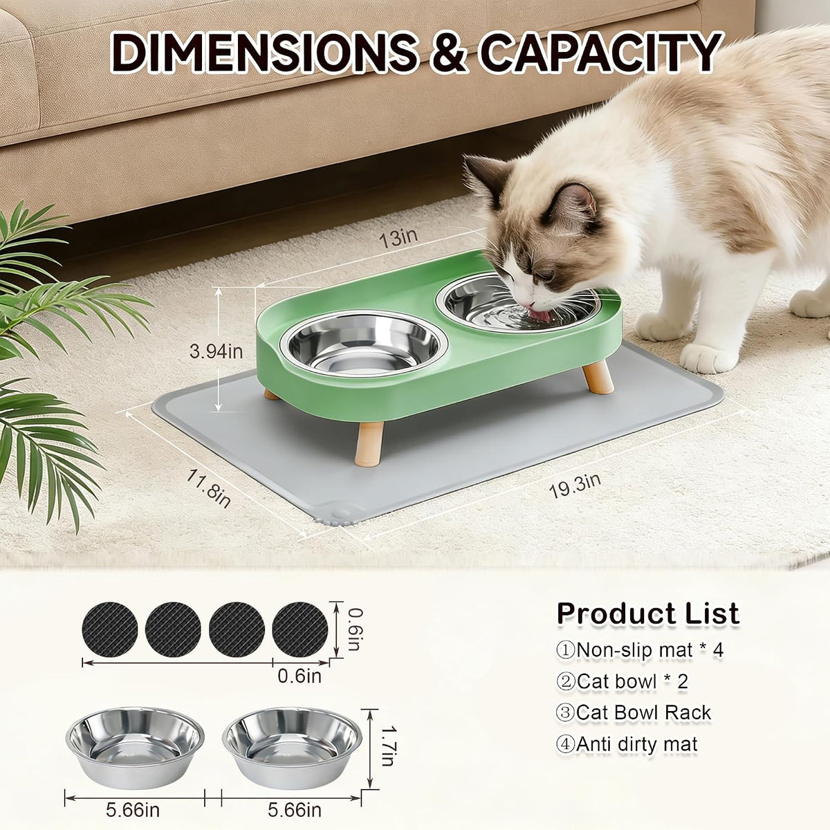 Elevated Cat Bowls with Food Mat - Green - image 4