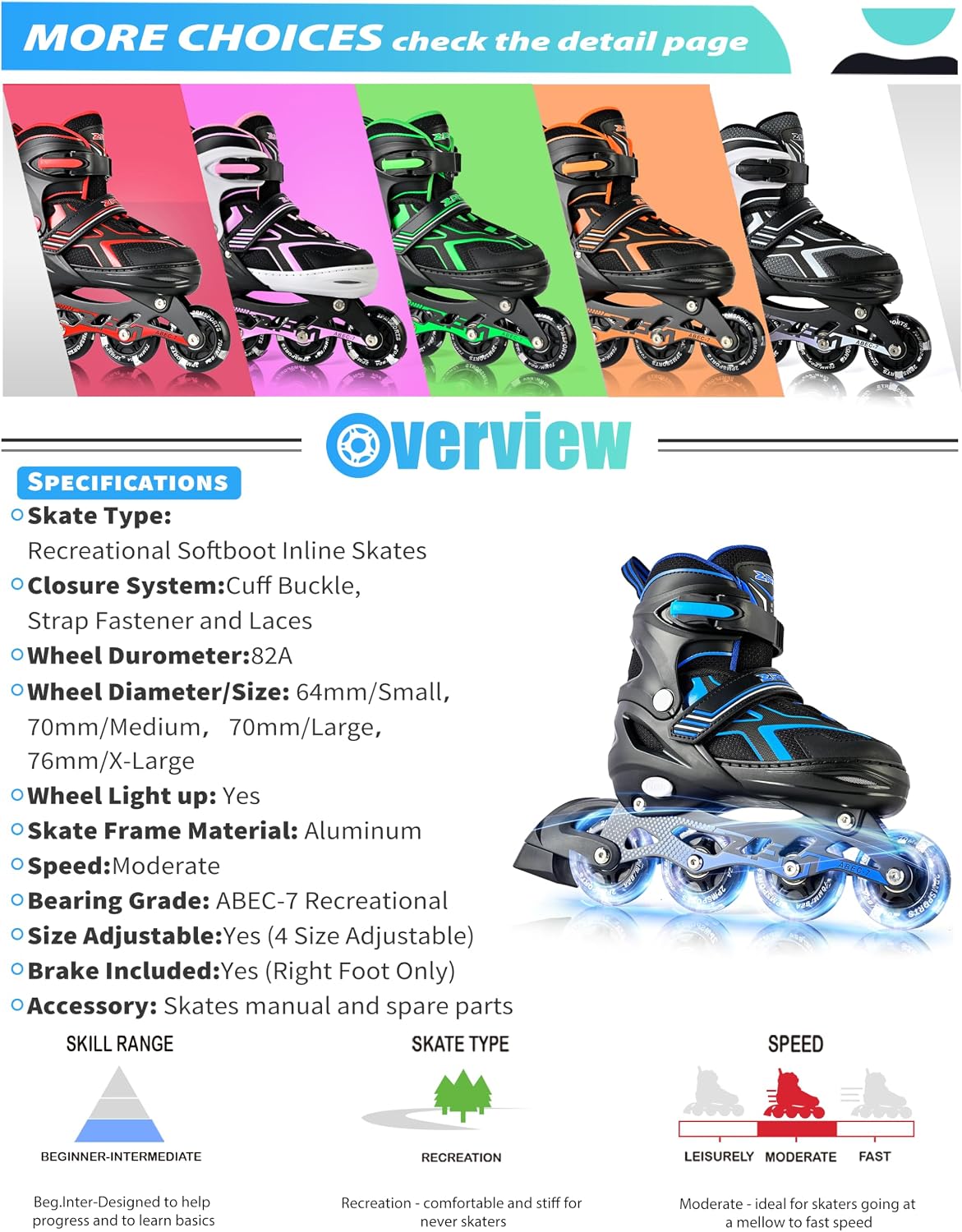 2PM SPORTS Adjustable Inline Skates for Kids, Youth and Adults – Fun for Kids & Family - C Blue / Large - Youth (4.5-8 US) - image 3