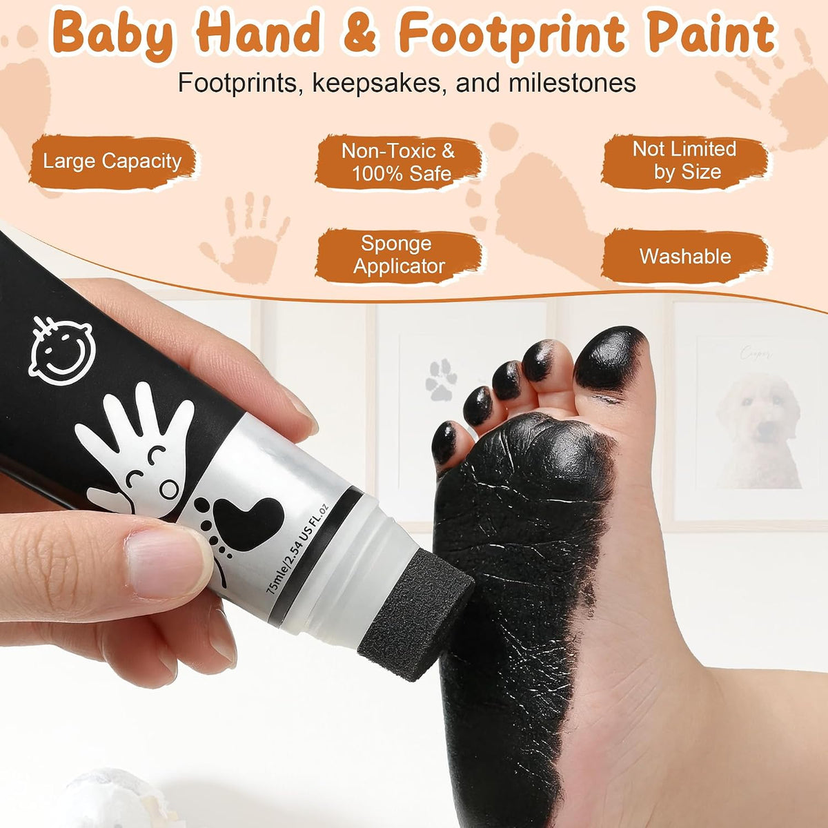 Sortnic black washable baby hand and footprint paint bottle with sponge head - view 2