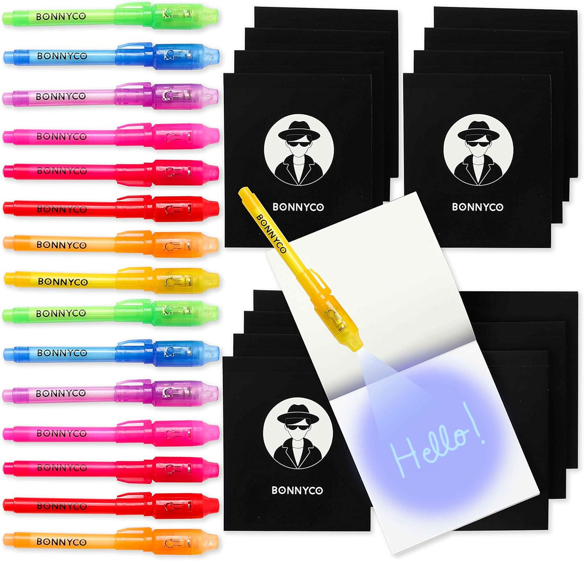BONNYCO Invisible Ink Pen and Notebook Pack of 16 Party Favors - Spies - Pack 16