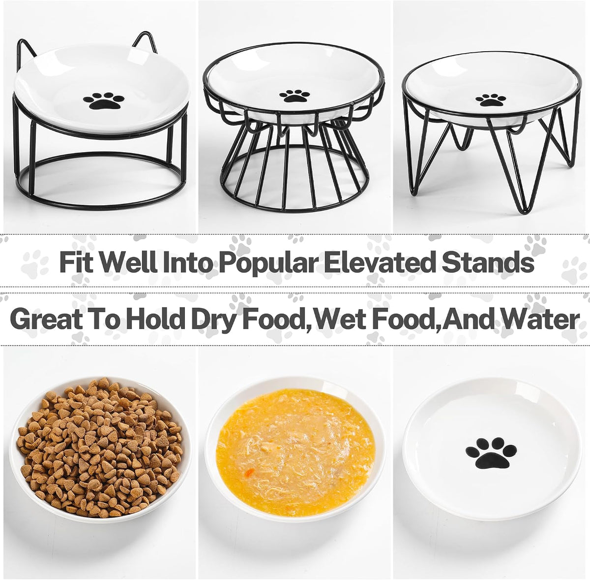 Cat Food Bowl, Whisker Friendly Ceramic Cat Bowls with Nonslip Silicone Bottom, Pack of 3 Quiet - Cat Paw Shallow 3 Pack - image 4