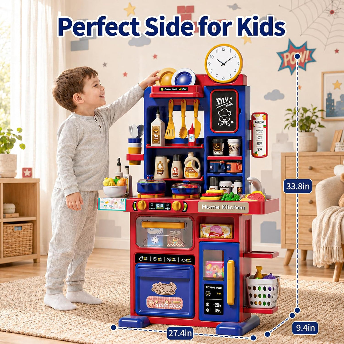 33.8IN Kids Kitchen Playset with Sound & Light - Blue - image 3