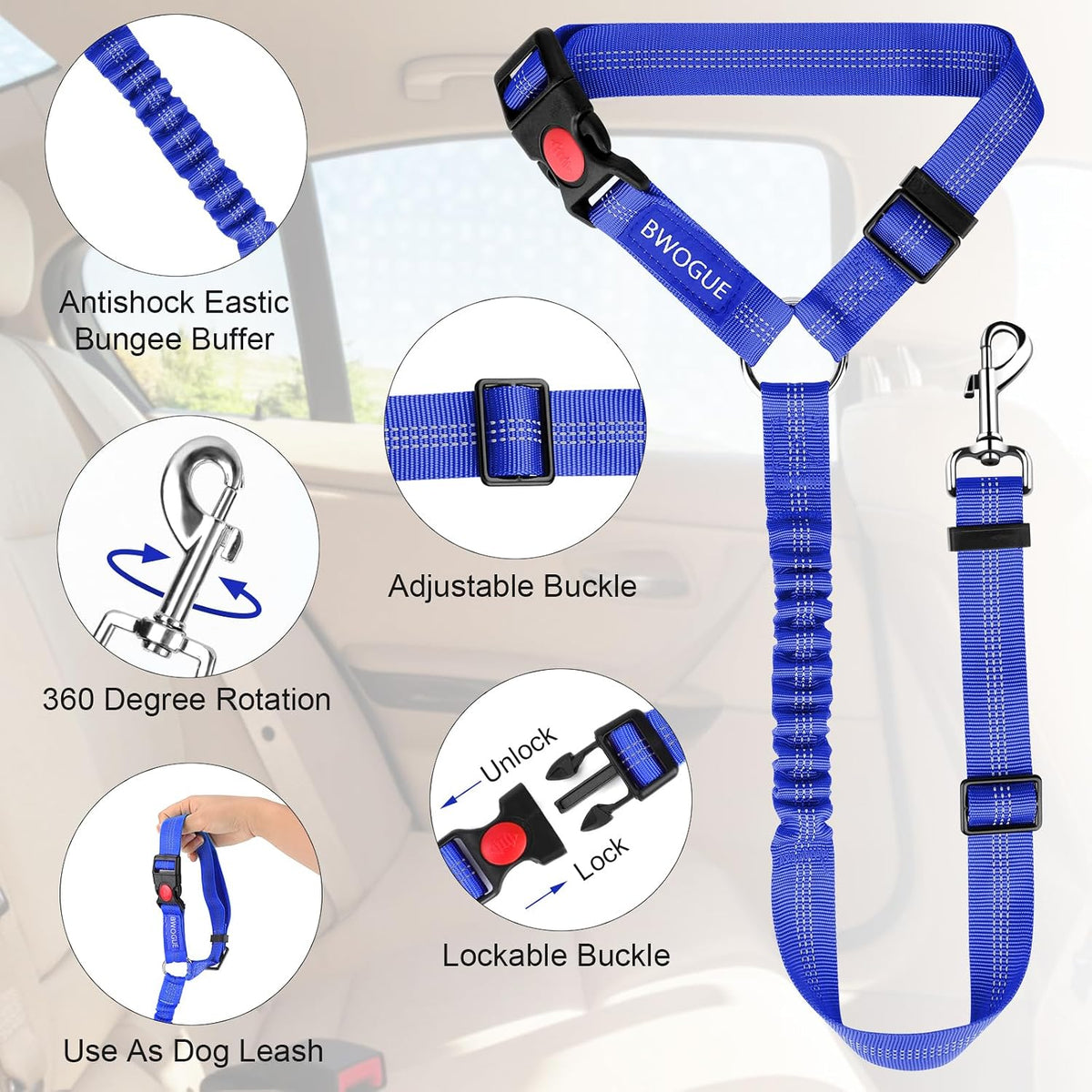 Dog Seat Belt for Car, Headrest Restraint Safety Lead, Dogs Cats – Essentials for Dogs - Dark Blue / Elastic - image 4