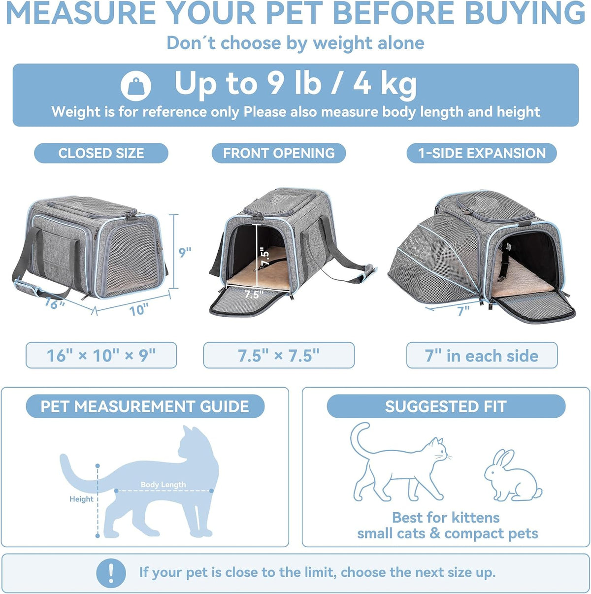 Petsfit Medium Expandable Cat Carrier for Air Travel - 16.0"L x 10.0"W x 9.0"H / Light Gray - image 2