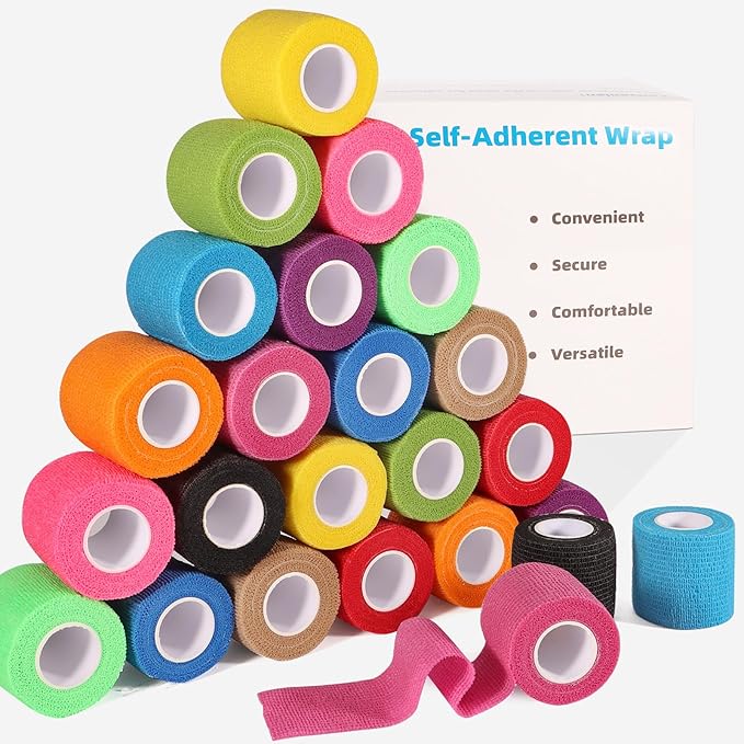 LDIWEE 24 Pack Self Adhesive Bandage Wrap 2 Inch, Vet Wrap for Dogs & Horses, Elastic Cohesive Tape for Athletic Sports, First Aid Medical, Ankle Sprains, Wrist Support