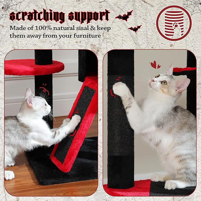 PEQULTI Tall Cat Tree, Floor to Ceiling Cat Tree Tower Adjustable [90.5''-100.4''=230-252CM] with Cat Condo, Hammock and Scratching Post, Gothic Cat Climbing Tree for Indoor Large Cats, Black