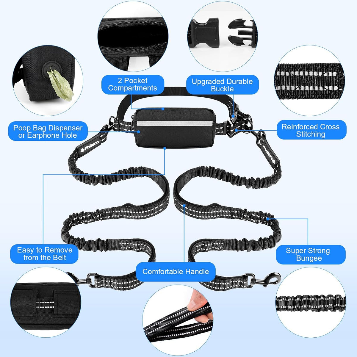 Philorn Hands Free Dog Leash for Dogs with Pouch - Black for 2 - image 3