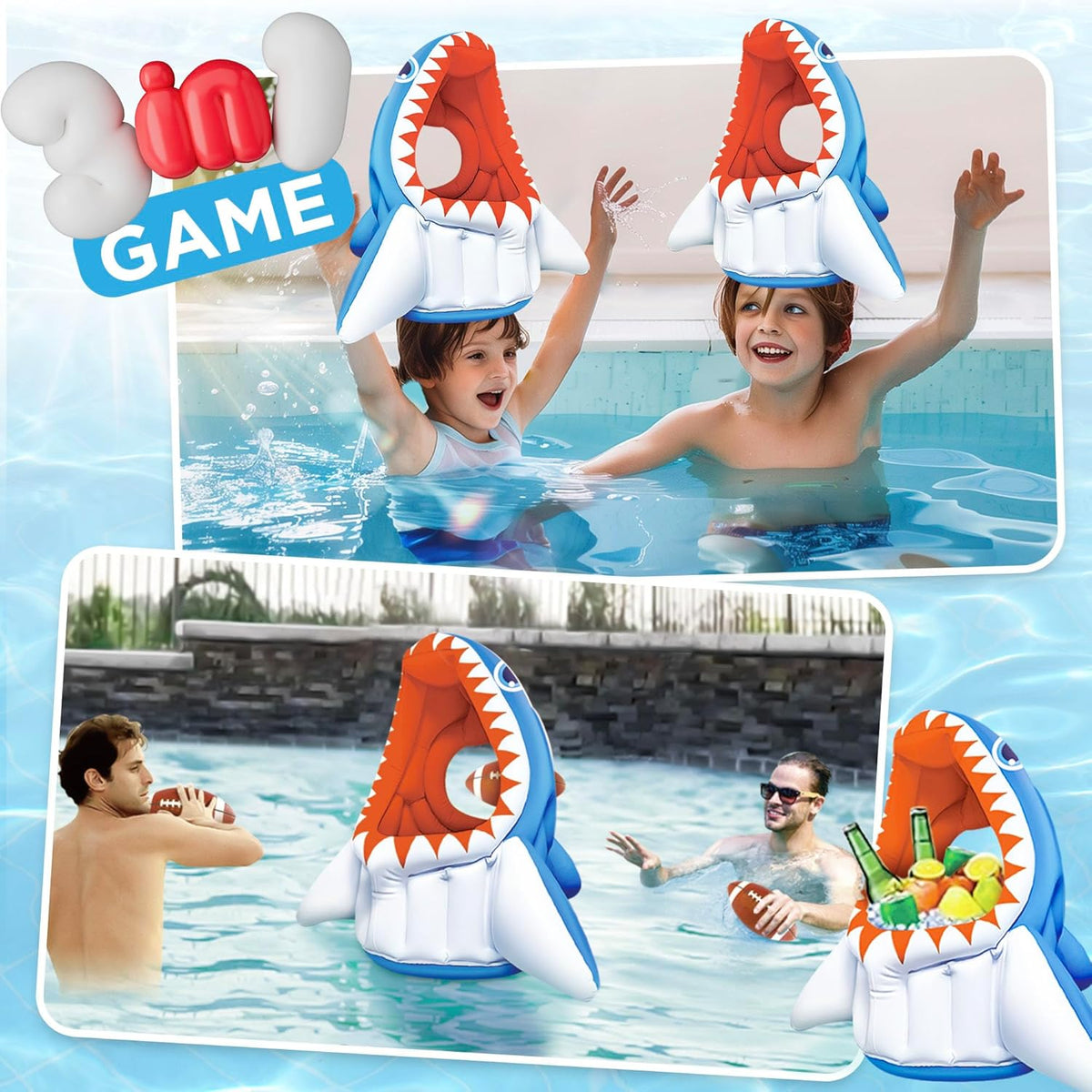 iPlay, iLearn kids shark pool toy, inflatable 3-in-1 floating game with basketballs and toss balls - view 2