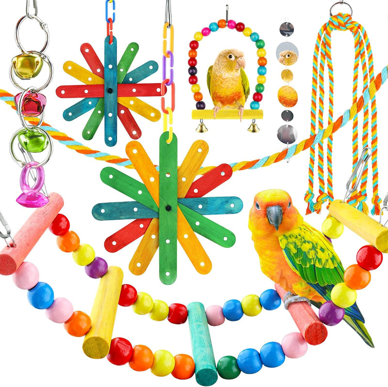 QUOZUO 8 pcs Bird Toys for Parakeets with Colorful Ladder Hammock