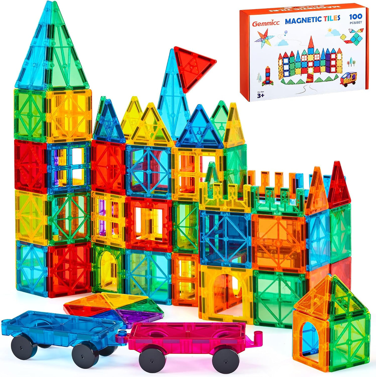 Gemmicc 100 PCS Magnetic Tiles with 2 Cars - 100 PCS