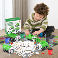 Y.L. DOYMX green garbage truck toy playset with four trucks, sorting bins, cards and play mat - view 4