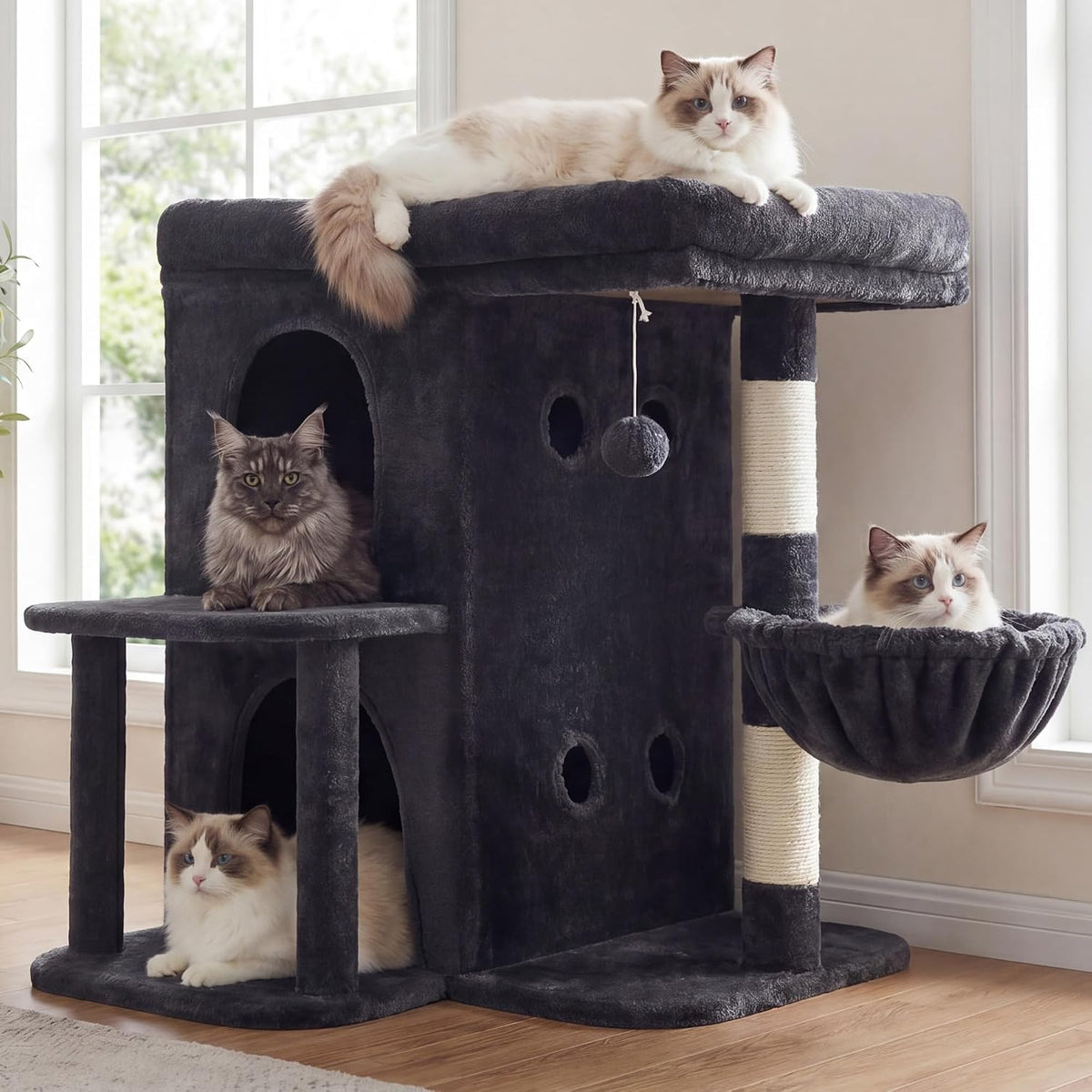 Heybly 26.3" Cat Tree for Large Cats with Big Perch & Dual Condos - Smoky Gray / 26.3 inch