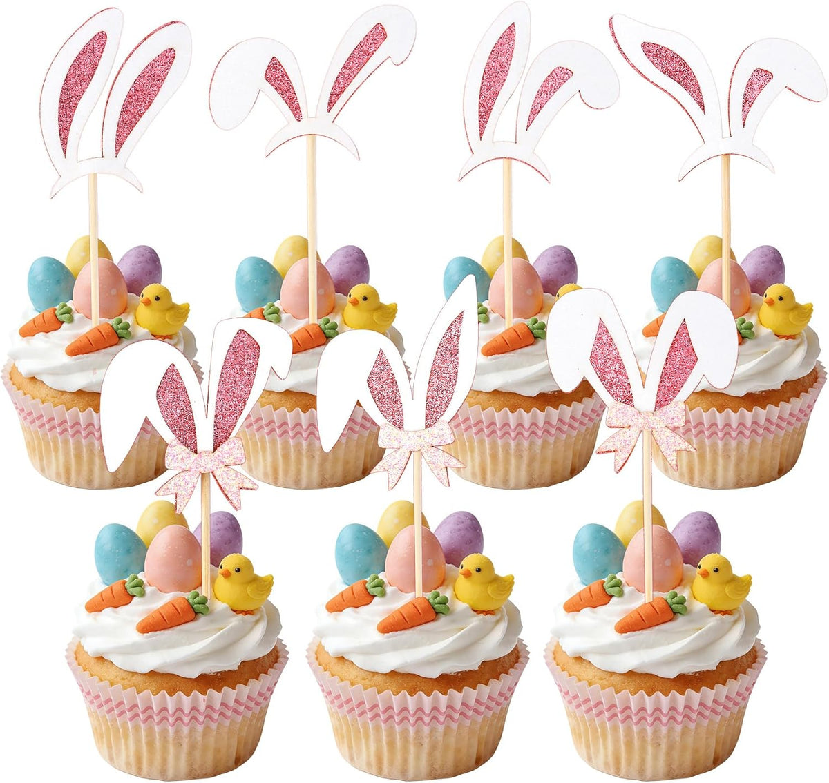 12 black glitter Halloween bat cupcake toppers in 4 patterns on cupcakes - view 6