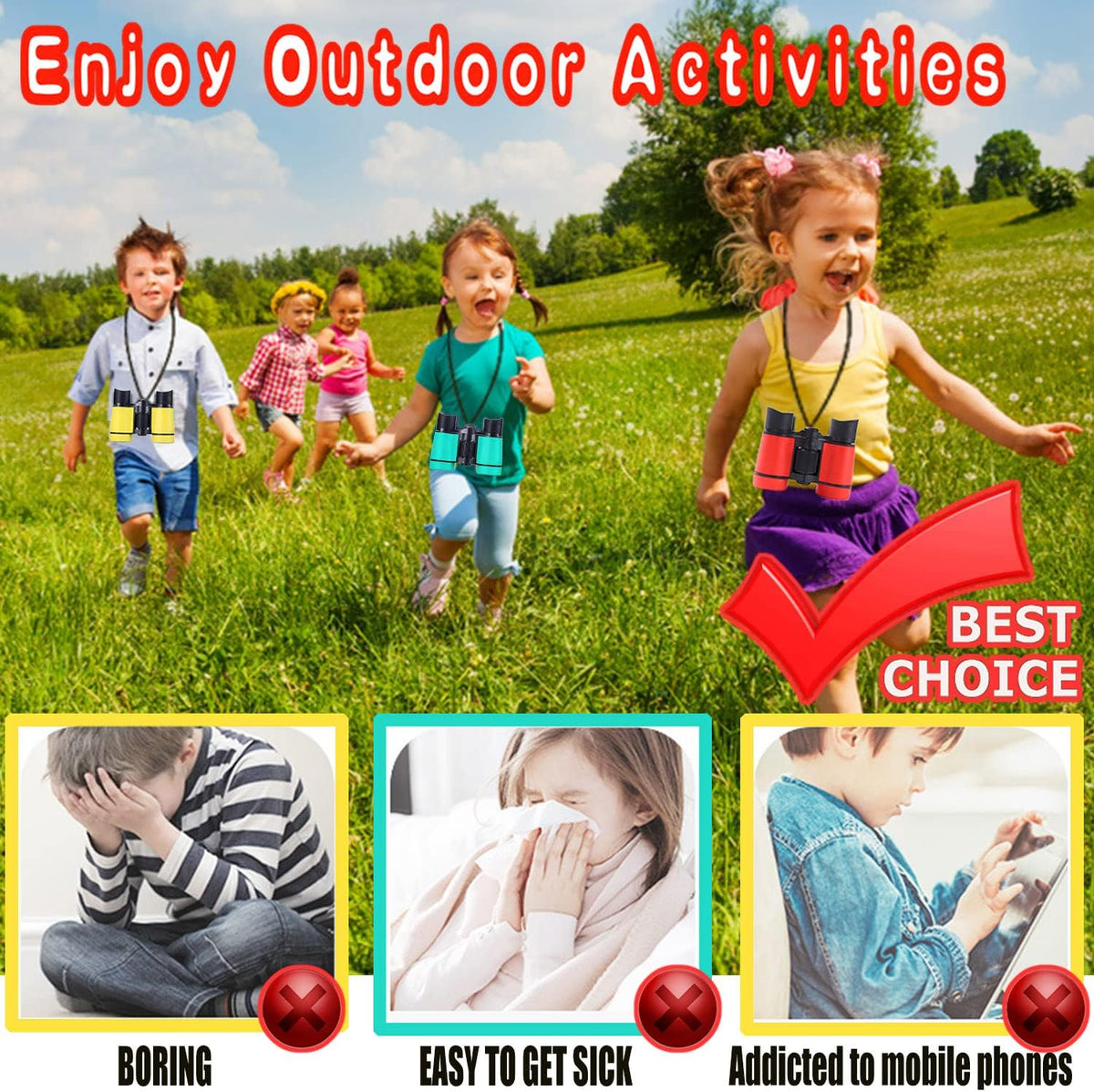 Kids Binoculars Ages 3-12 with Compass & Whistle – Fun for Kids & Family - Red - image 3