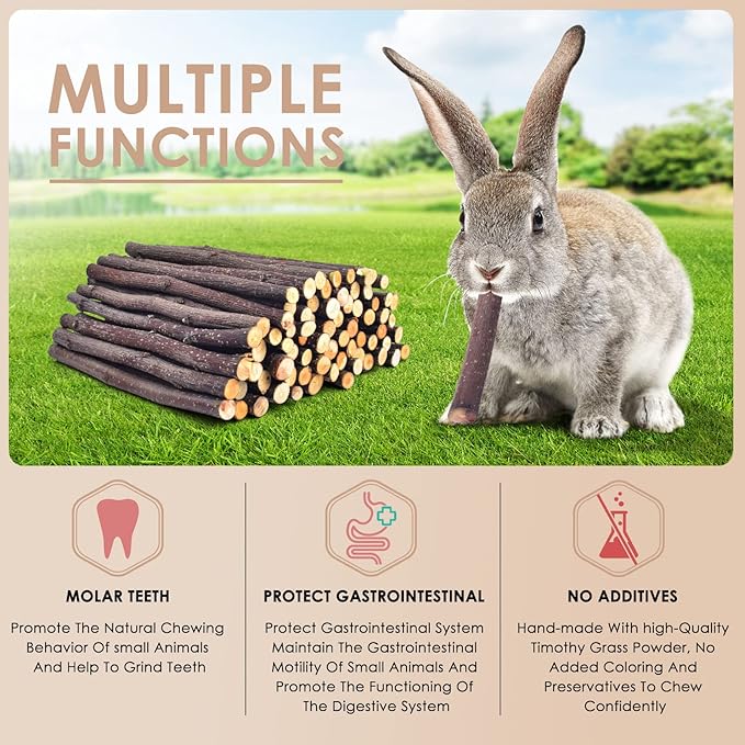Bissap 230g/8.1oz Apple Sticks for Rabbits, Natural Bunny Chew Toys and Treats for Chinchilla Guinea Pig Hamster Gerbil Small Animals Pet Apple Wood Stick Toys Teeth Grinding