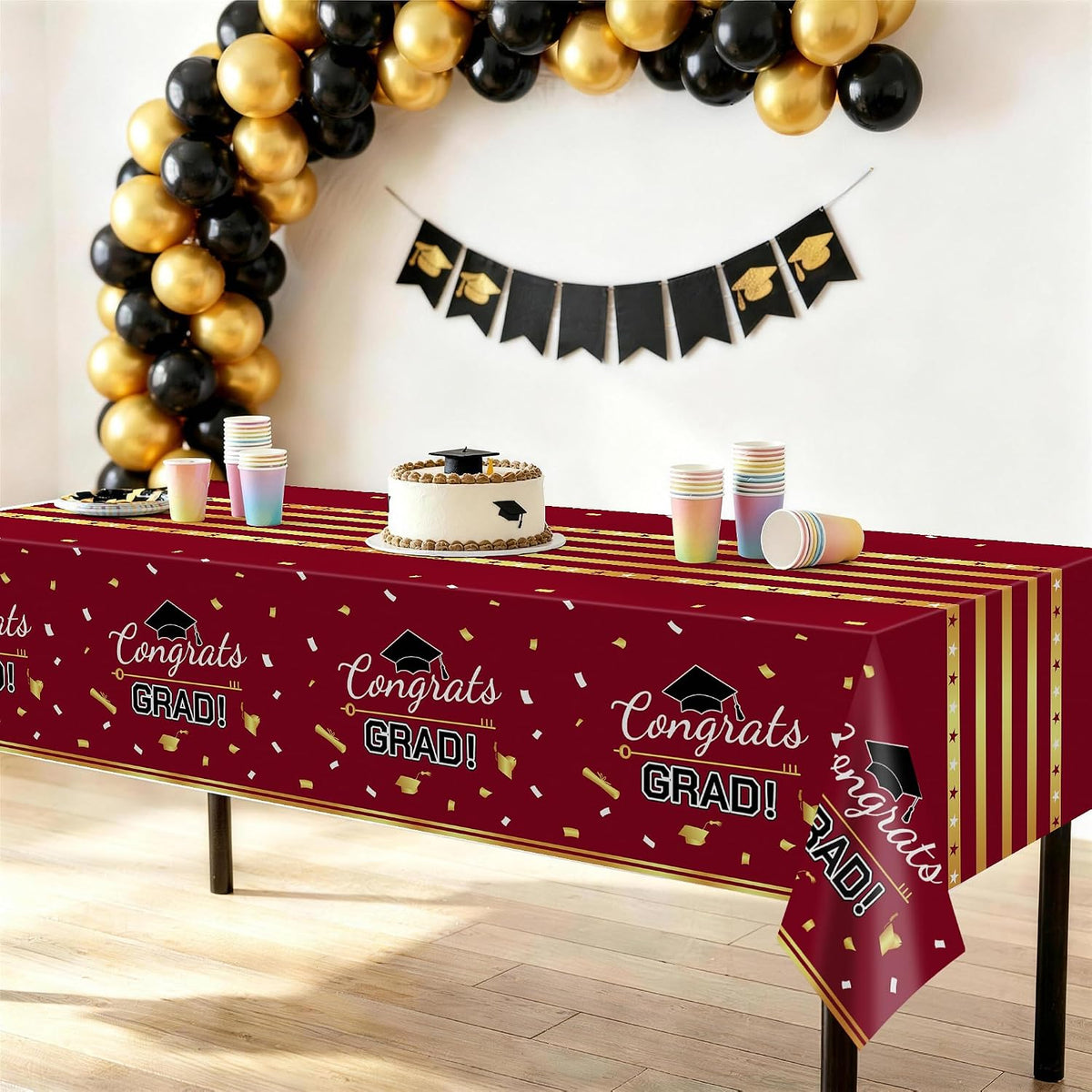 Childom 3 Pack Black and Gold Tablecloths for Events - Wine Red - image 2