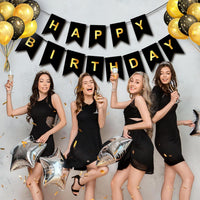 Happy Birthday Banner,Pre-Strung Black and Gold Party Decorations，16ft Pre-Strung Hanging Sign - black - image 4