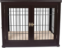 INTERNET'S BEST Decorative Dog Kennel with Pet Bed, Small Pet House, Double Door Indoor Crate, Engineered Wood & Wire Furniture, Side Table & Nightstand, Fits Small Dogs - Espresso