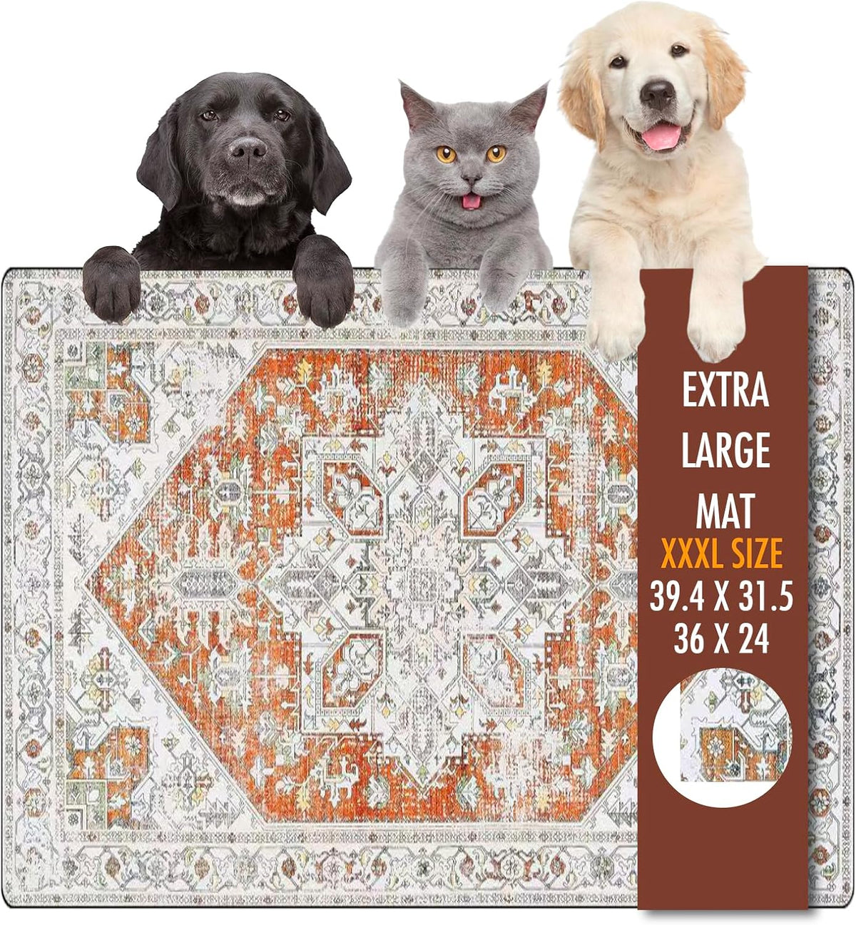Dog Food Mat, 36" x 24" Extra Large Absorbent Dog Mat for Food and Water, Non Skid Cat Bowl Mat - Bohemia red / 39.4"L x 31.5"W