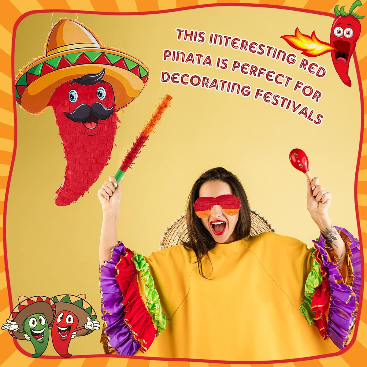 Lewtemi 17.3 inch red chili pepper pinata set with blindfold, pinata stick and confetti - view 17