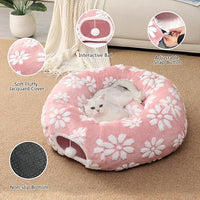 Cat Tunnel for Indoor Cats, Cute Peekaboo Cat Cave with Dangling Balls, Pet Donut Tunnel Bed with Circle Mat for Puppy Kitten Rabbit, Pink