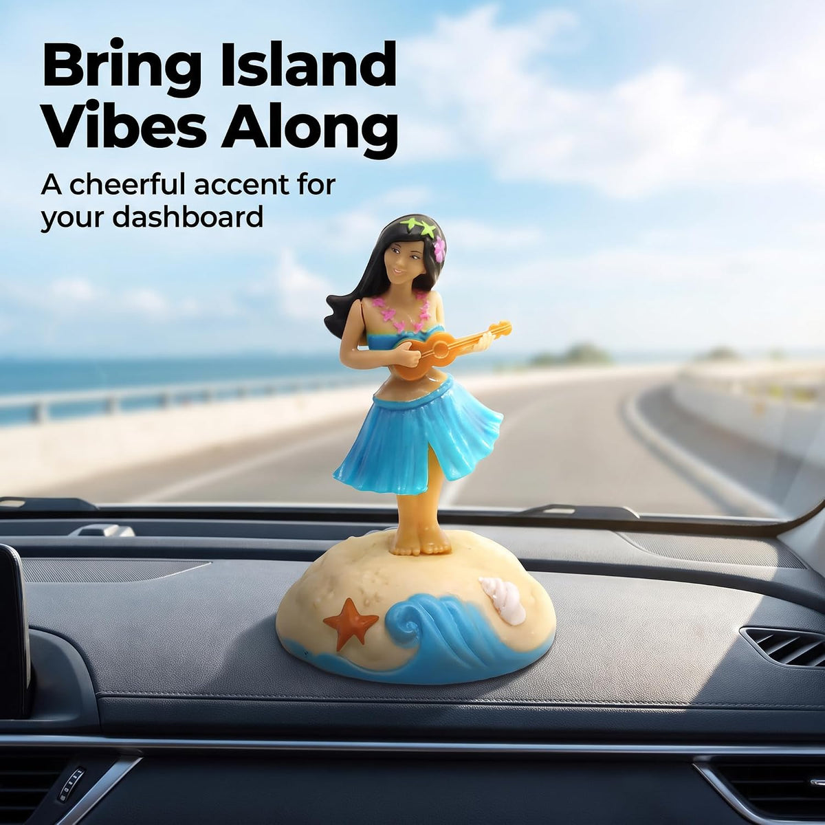 Solar powered dancing hula girl shaking head ornament for car dashboard or desk - view 3