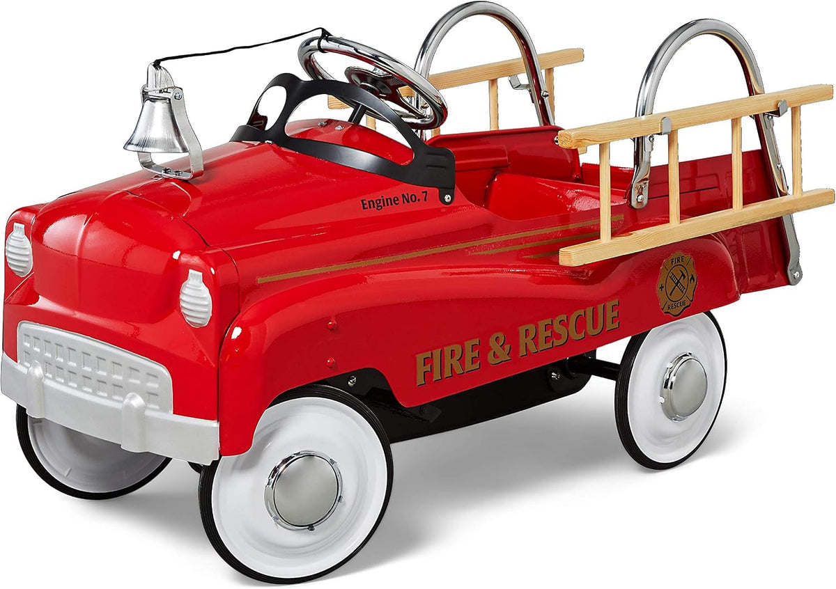 Kid Trax red fire truck pedal car for toddlers with chrome hubcaps, bell and detachable ladders