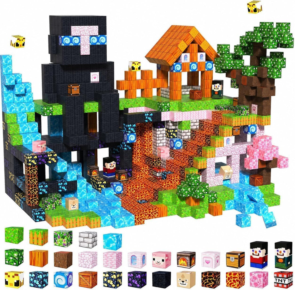 GraceDuck 300 PCS Magnetic Blocks, Magnetic Building Blocks - 200pcs Forest Volcano Eruption