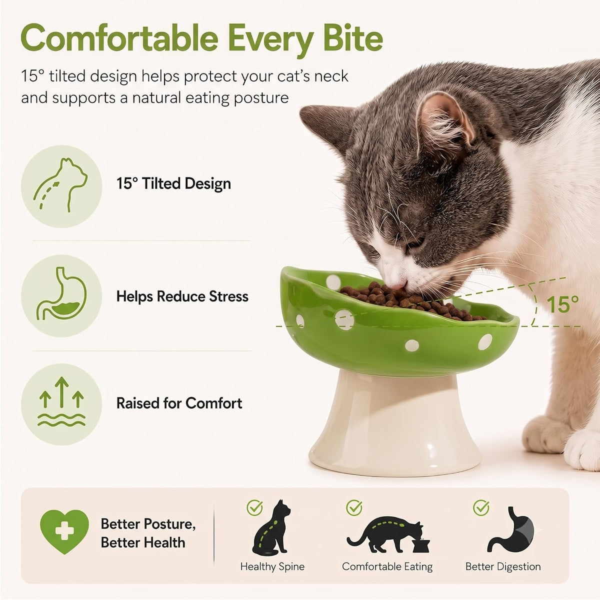 Red Mushroom Cat Bowl, Elevated Ceramic Bowl for Cats – Essentials for Cats - Green - image 4