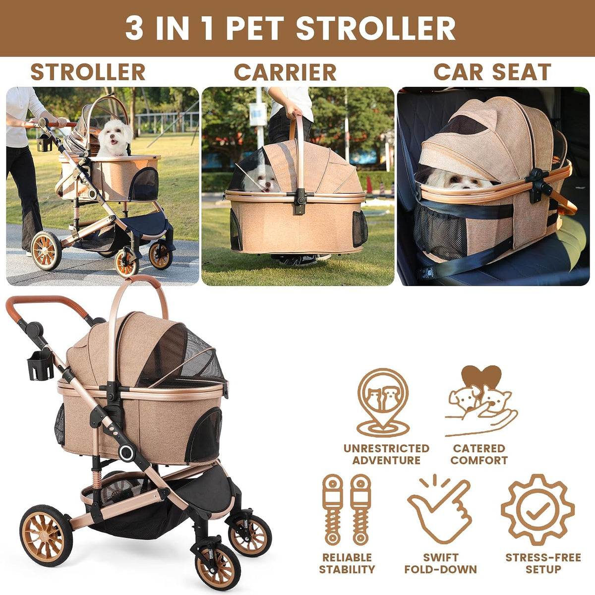 Bicystar Dog Stroller with Detachable Carrier, Rubber Wheels - Tan - image 3